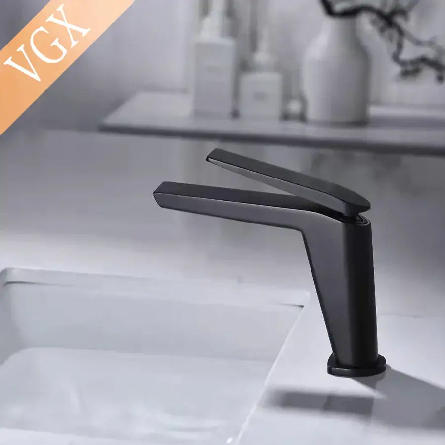 Matte black contemporary square design basin mixer faucet with sleek angular design for cold water use in bathroom