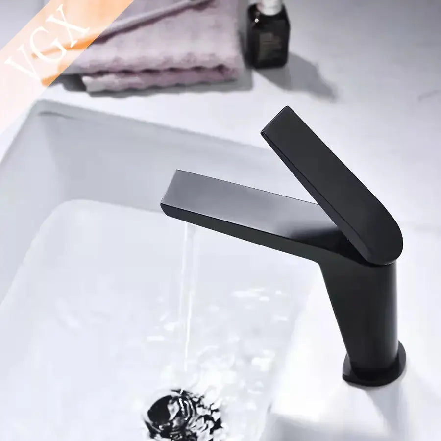 Matte black contemporary square design basin mixer faucet with sleek angular design for cold water in bathroom