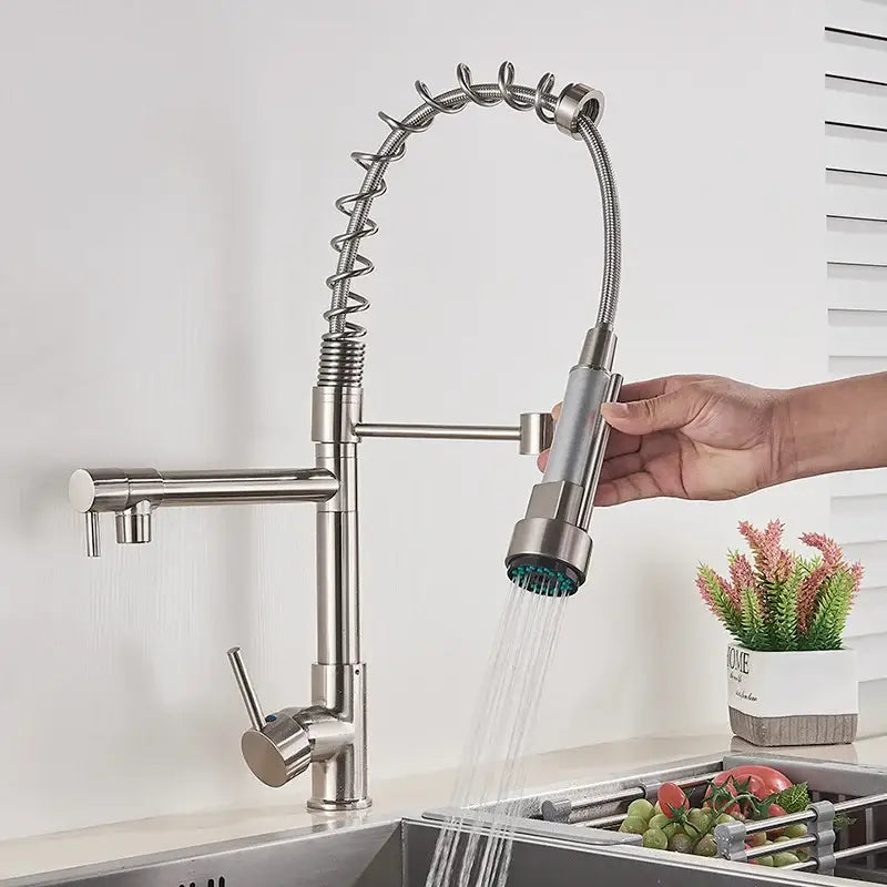 Matte black decorbites brass kitchen faucet with swivel spout and flexible coiled hose pull-down spray head