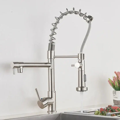 Matte black decorbites brass kitchen faucet with swivel spout and flexible coiled stainless steel pull-down spray head