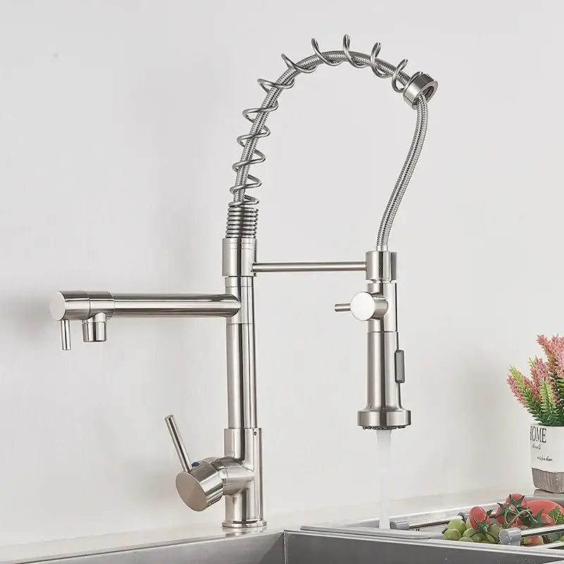 Matte black decorbites brass kitchen faucet with swivel spout and flexible coiled stainless steel pull-down spray head