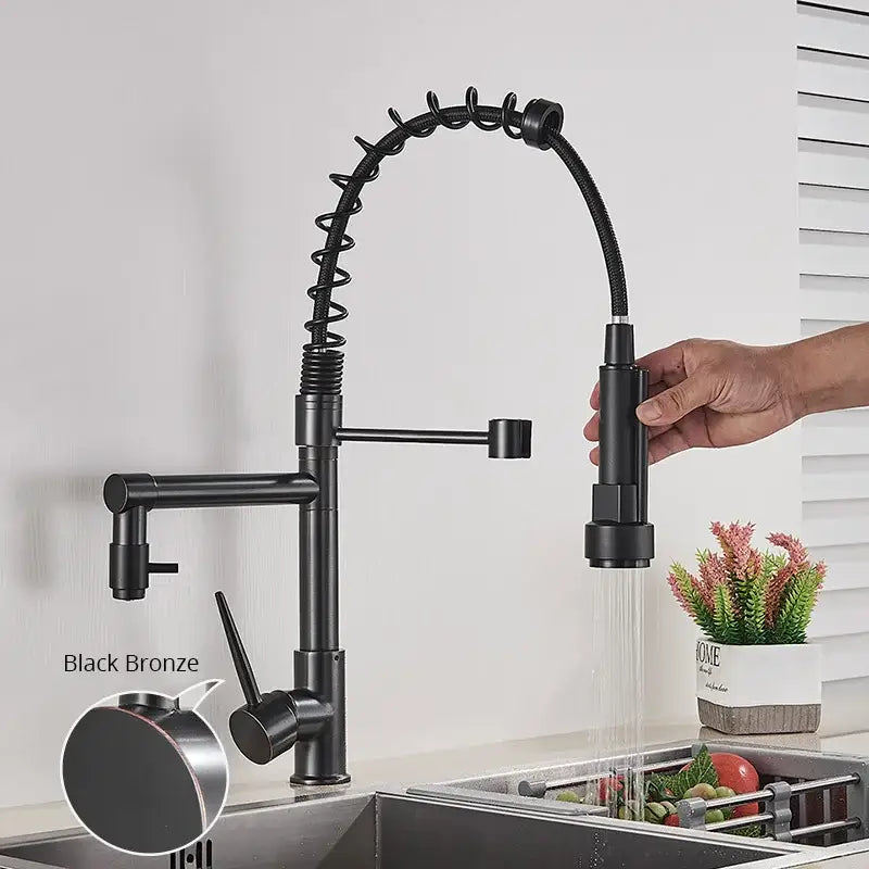 Matte black decorbites brass kitchen faucet with flexible swivel spout and pull-down spray head in black bronze finish