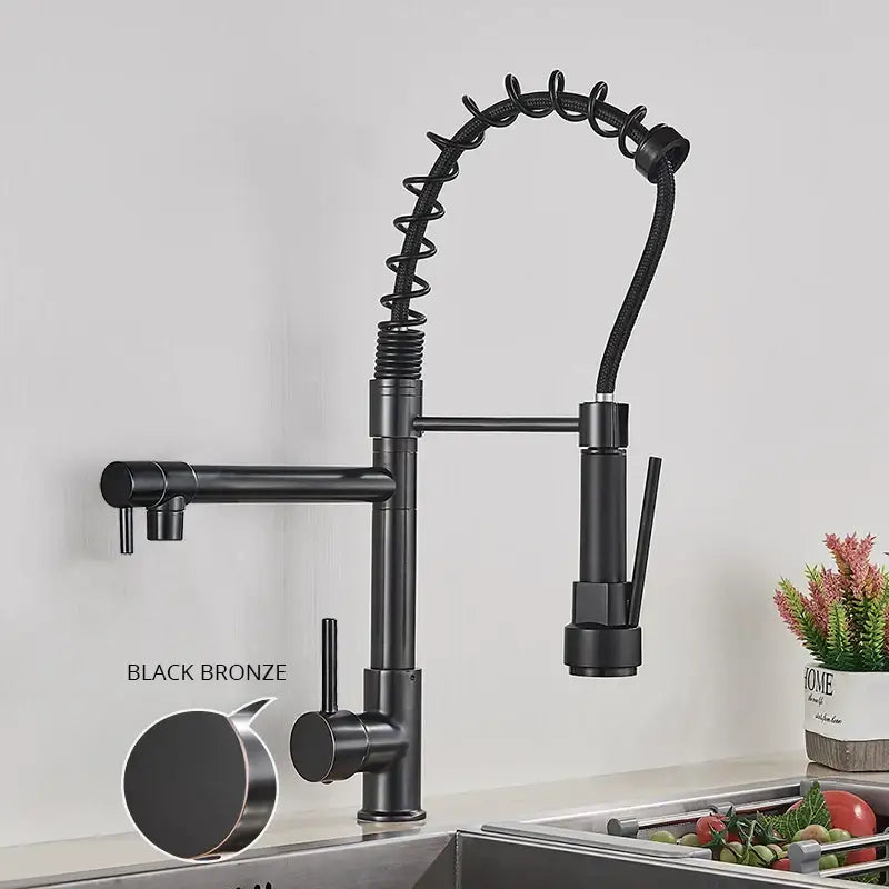 Matte black decorbites brass kitchen faucet with coiled flexible swivel spout and pull-down spray head for kitchen use