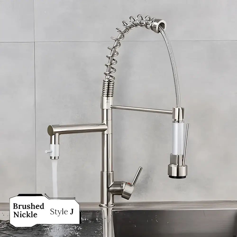 Brushed nickel kitchen faucet with flexible coiled gooseneck pull down spray head for decorbites brass kitchen swivel spout