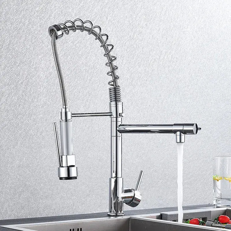 Matte black decorbites brass kitchen faucet with swivel spout and chrome pull-down faucet with dual spray heads