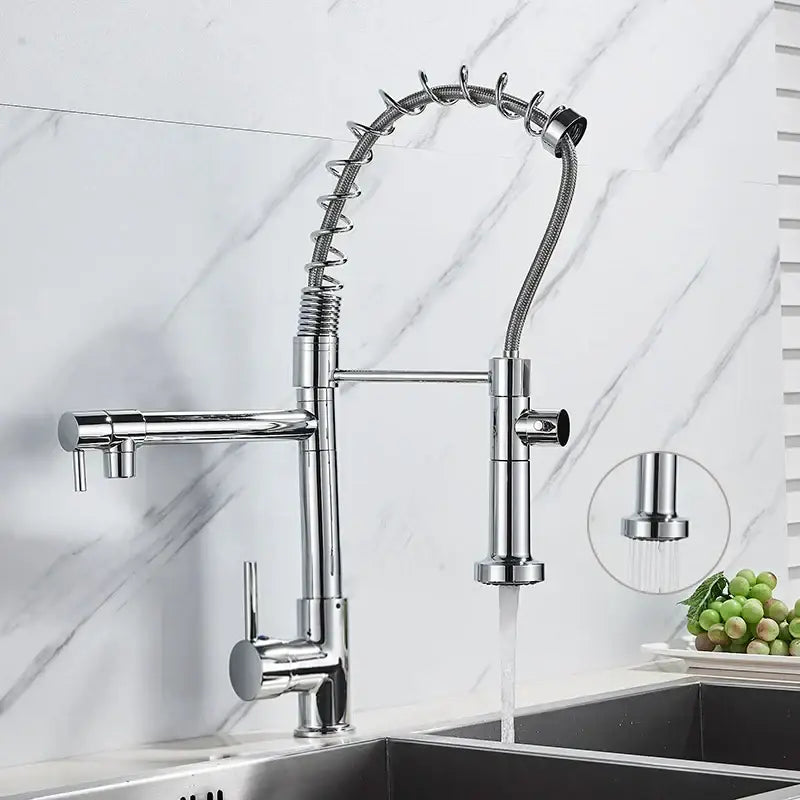 Chrome-finished kitchen faucet with dual spray heads and swivel spout in decorbites brass kitchen style