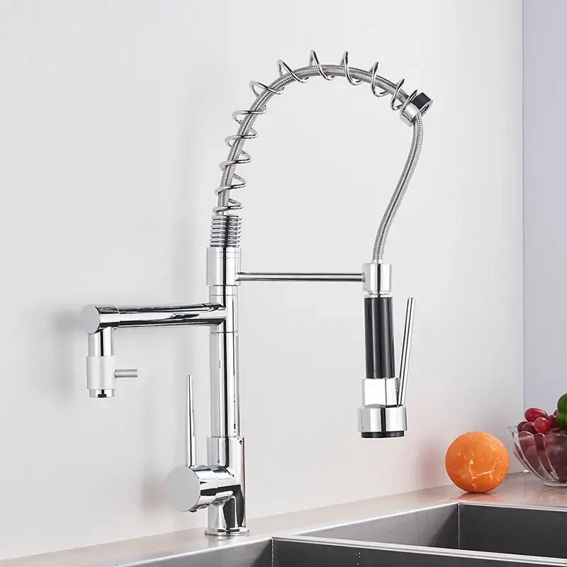 Chrome-finished kitchen faucet with swivel spout, flexible coiled hose, black accents, decorbites brass kitchen faucet