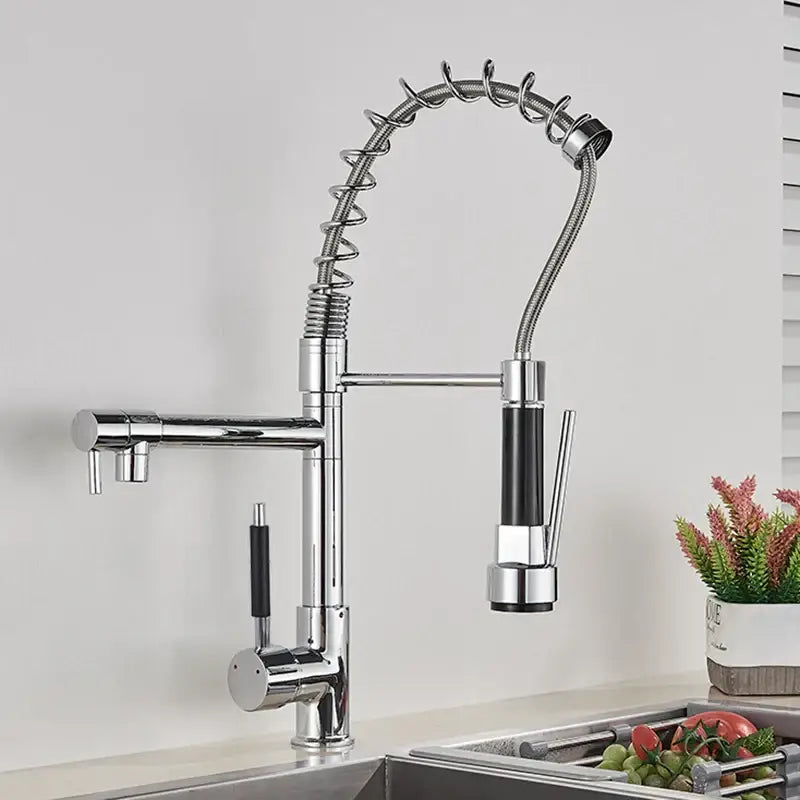 Chrome finished decorbites brass kitchen faucet with flexible coiled hose black accents and swivel spout