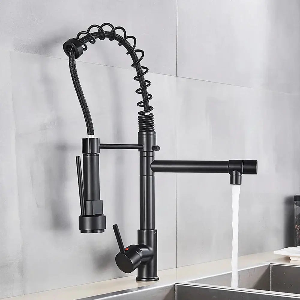 Matte black decorbites brass kitchen faucet with swivel spout and coiled spring hose pull-down spray head