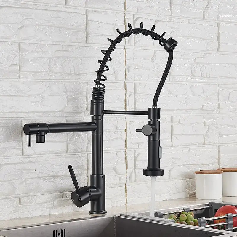 Matte black decorbites brass kitchen faucet with swivel spout and flexible coiled gooseneck pull-down spray head