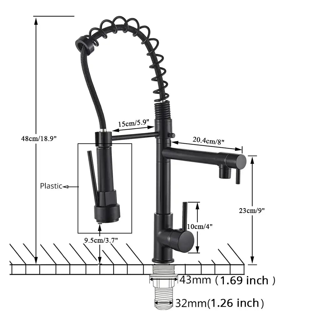 Matte black decorbites brass kitchen faucet with swivel spout and flexible coiled gooseneck pull-down spray head