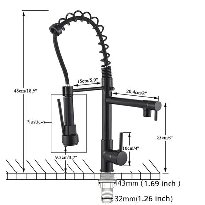 Matte black decorbites brass kitchen faucet with swivel spout and flexible coiled gooseneck pull-down spray head