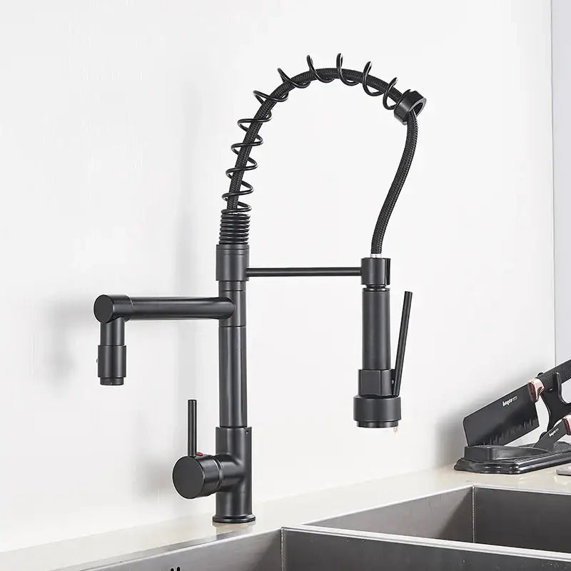 Black matte kitchen faucet with coiled flexible hose and swivel spout by decorbites brass kitchen collection