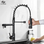 Matte black decorbites brass kitchen faucet with flexible coiled hose and swivel spout for versatile use