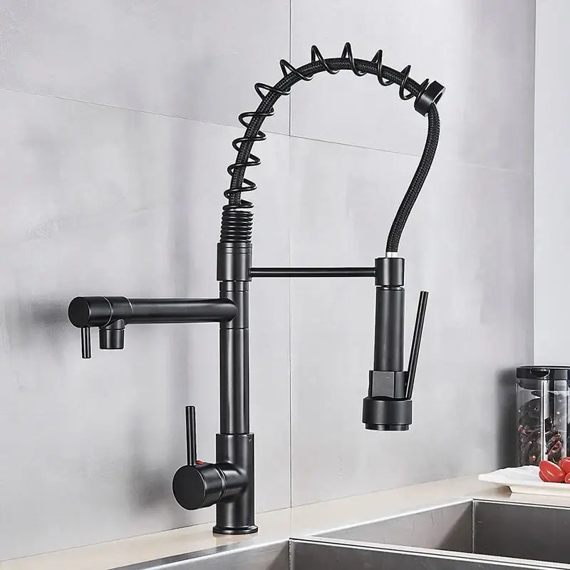 Matte black decorbites brass kitchen faucet with swivel spout and coiled flexible gooseneck pull-down spray head