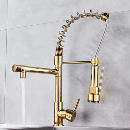 Matte black decorbites brass kitchen faucet with swivel spout featuring a gold-colored flexible coiled spring hose and dual spray heads