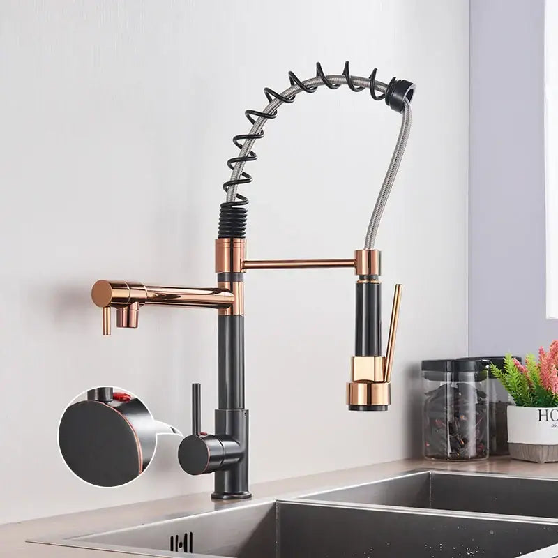 Matte black decorbites brass kitchen faucet with swivel spout and rose gold flexible coiled hose for modern kitchens