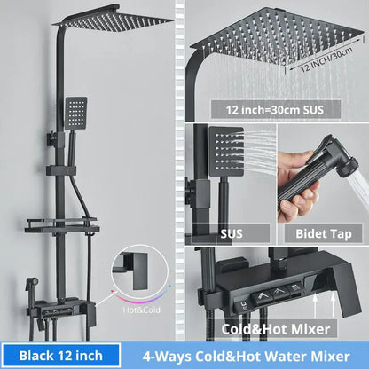 Matte black 12-inch square rain shower head with multiple nozzles in decorbites digital display shower faucet set