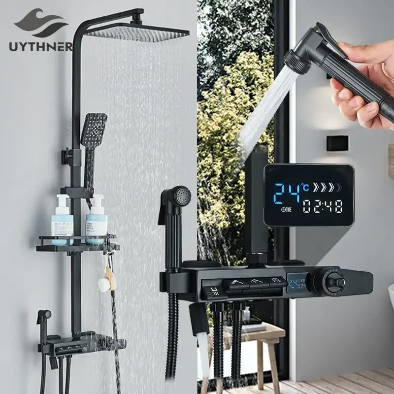 Matte black decorbites digital display shower faucet set with black matte finish square rainhead and handheld spray