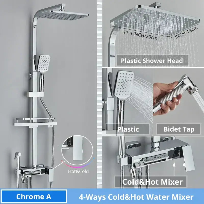 Chrome finished 4-way shower faucet with large square rainhead handheld spray nozzle and bidet tap by decorbites digital display