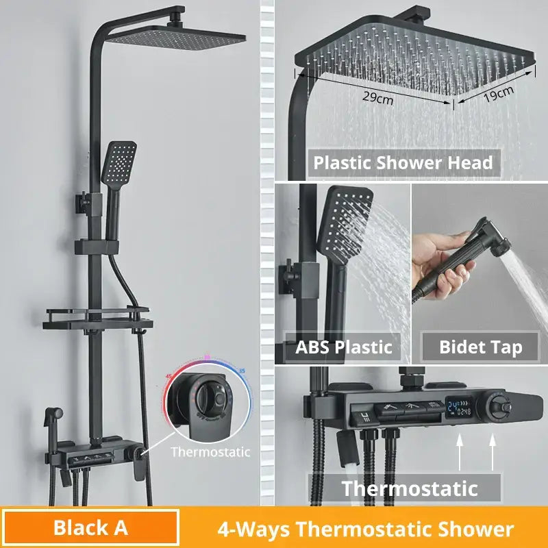 Matte black decorbites digital display shower faucet set with 4-ways thermostatic ABS plastic shower and bidet tap