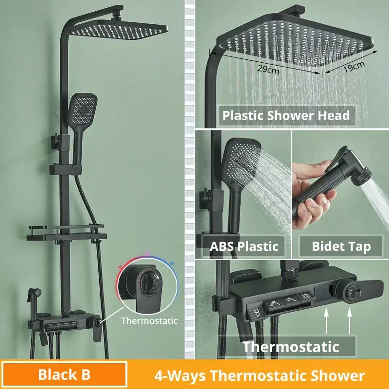 Matte black decorbites digital display shower faucet set with 4-way thermostatic control and square rain shower head