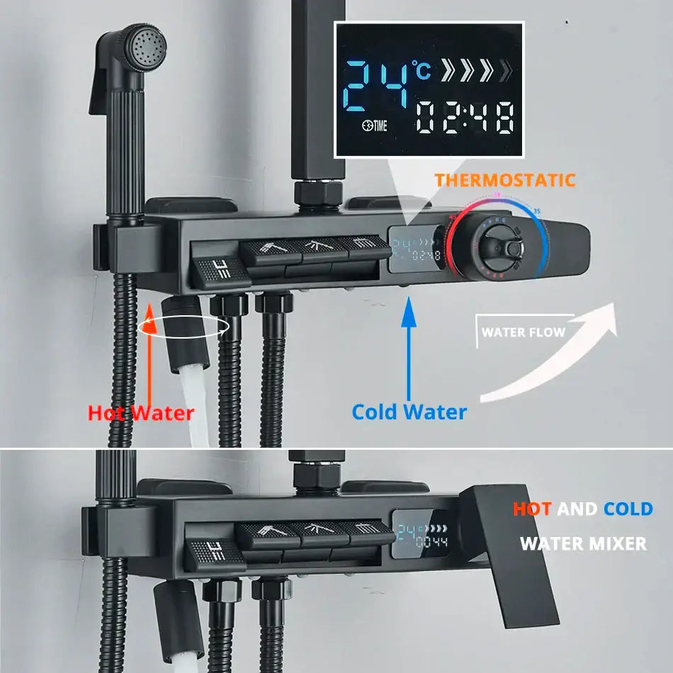 Matte black decorbites digital display shower faucet with thermostatic mixer and multiple spray nozzles for bathroom use