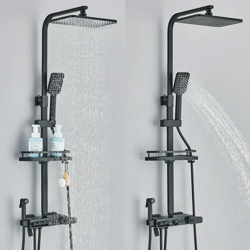 Matte black decorbites digital display shower faucet set with square rainhead handheld spray and integrated shelves for toiletries
