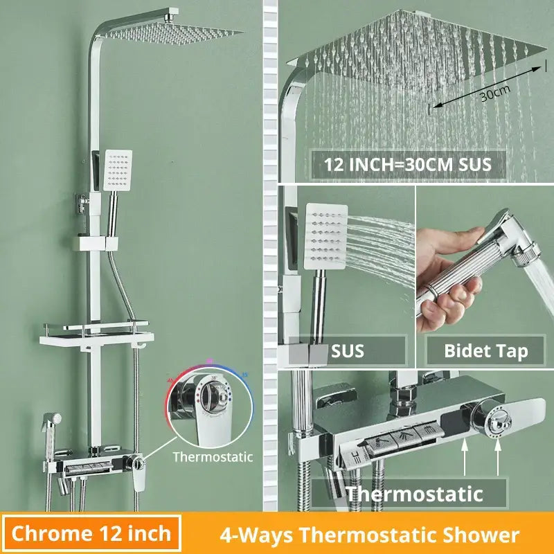 Chrome finished 12-inch shower faucet with square rainhead handheld spray and bidet tap for decorbites digital display shower