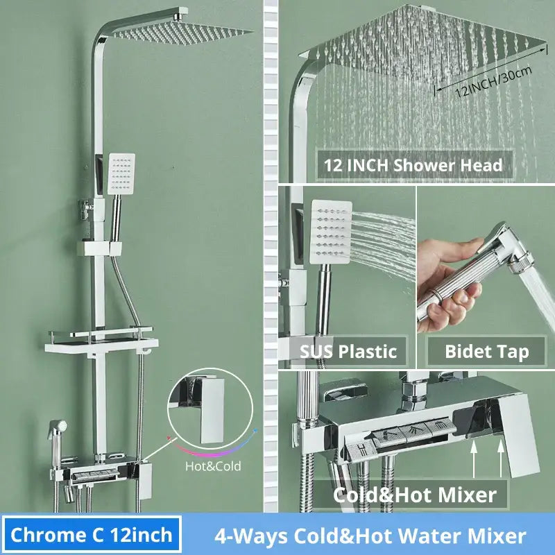 Chrome-finished 12-inch square shower head with multiple spray settings for decorbites digital display shower faucet