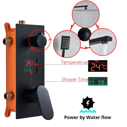 Matte black digital display shower faucet set with black matte finish, orange housing, brass fittings, showing 29°c and timer