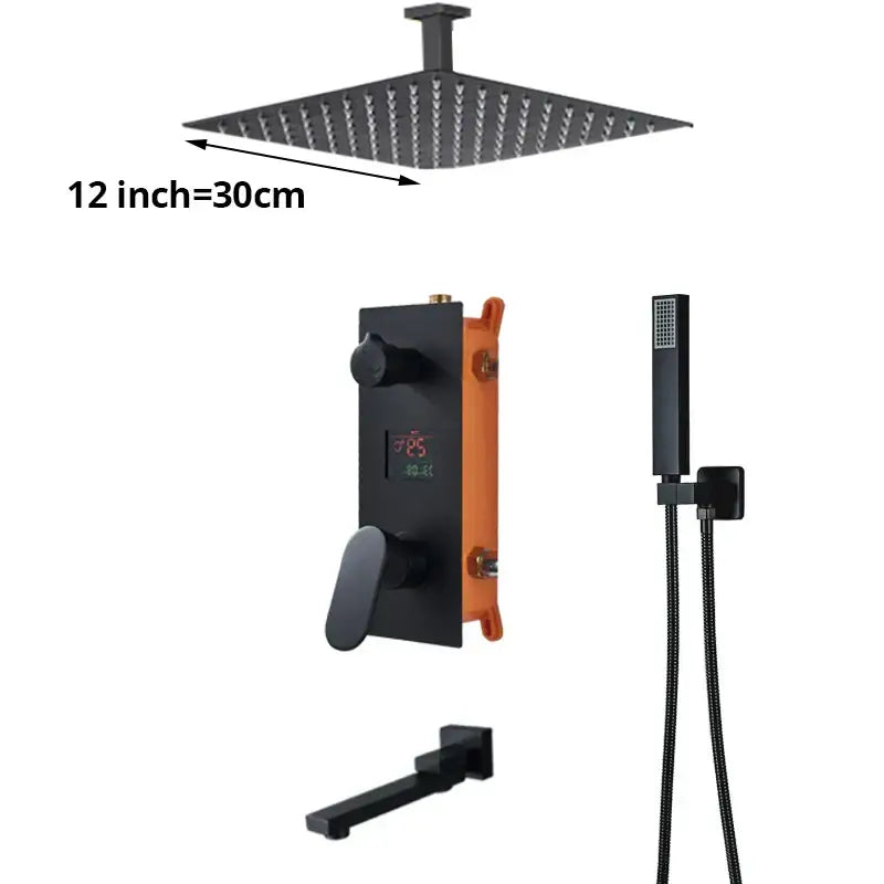 Matte black 12-inch square rain shower head with digital display for shower faucet set bathroom rainfall use