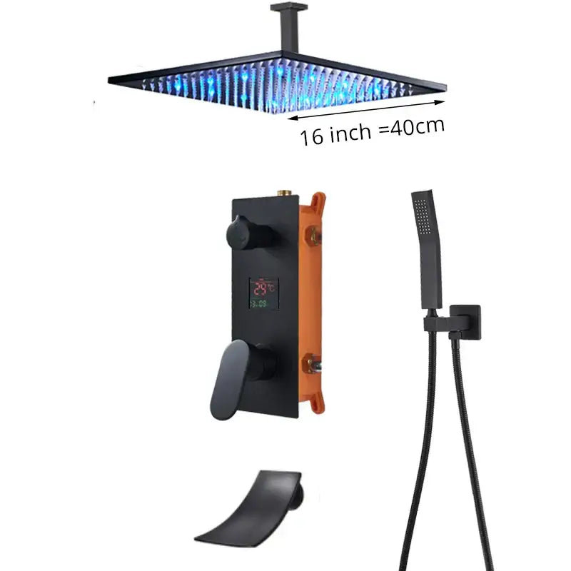 Matte black digital display shower faucet set featuring a 16-inch black square rain shower head with blue led lights