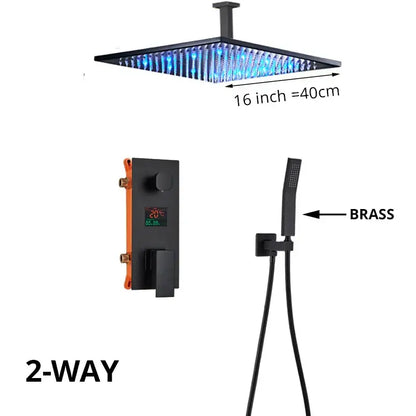 Matte black shower faucet set with 16-inch black square rainfall head and blue led digital display lighting