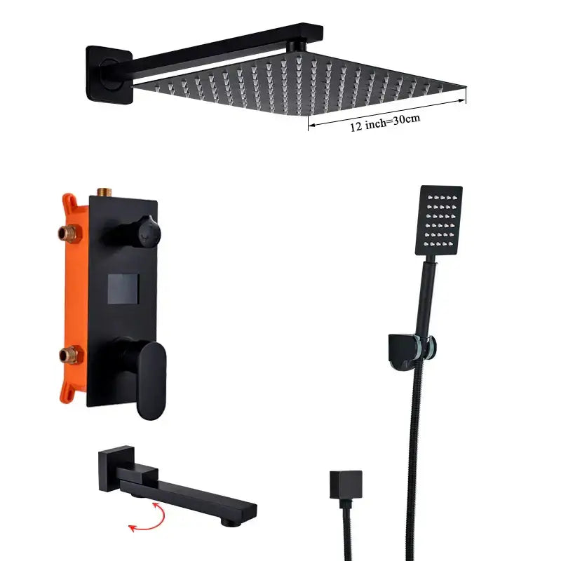 Matte black digital display shower faucet set featuring a 30cm textured black square rainfall showerhead