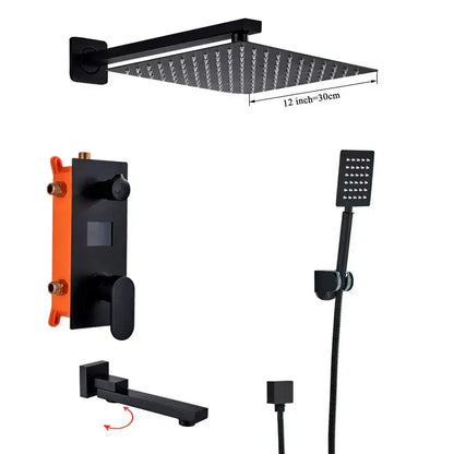 Matte black digital display shower faucet set featuring a 30cm textured black square rainfall showerhead