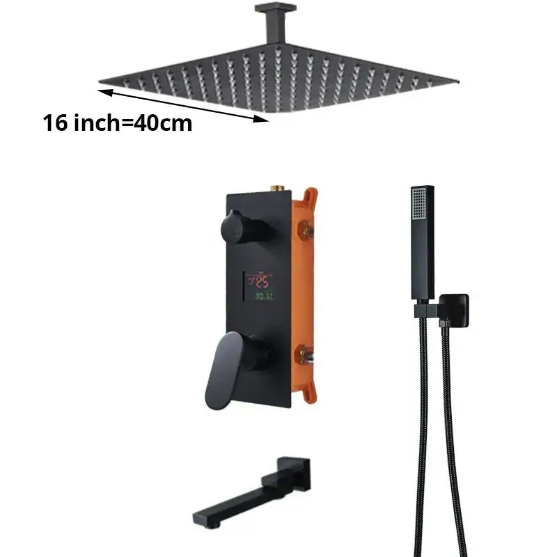 Matte black digital display shower faucet set with 16-inch square rain shower head featuring multiple nozzles