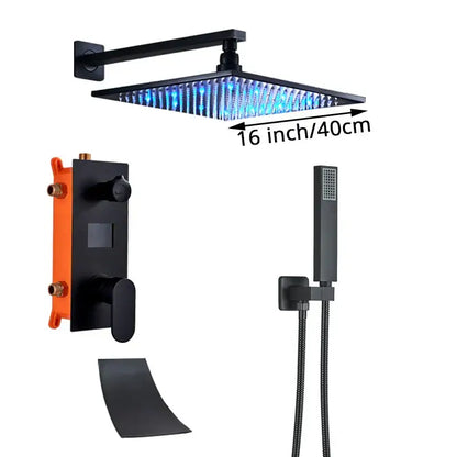 Matte black digital display shower faucet set with 16-inch black square rainfall shower head and blue led lights