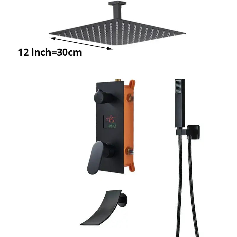 Matte black square rain shower head 12-inch with matte finish part of digital display shower faucet set bathroom rainfall head