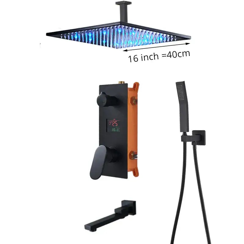 Matte black digital display shower faucet set with 16-inch black square rain shower head and blue led lighting