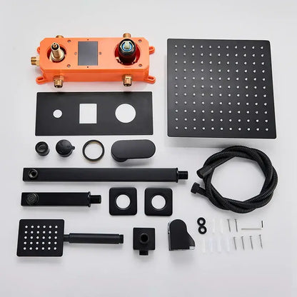 Matte black digital display shower faucet set with rainfall head orange control valve and brass fittings for bathroom use