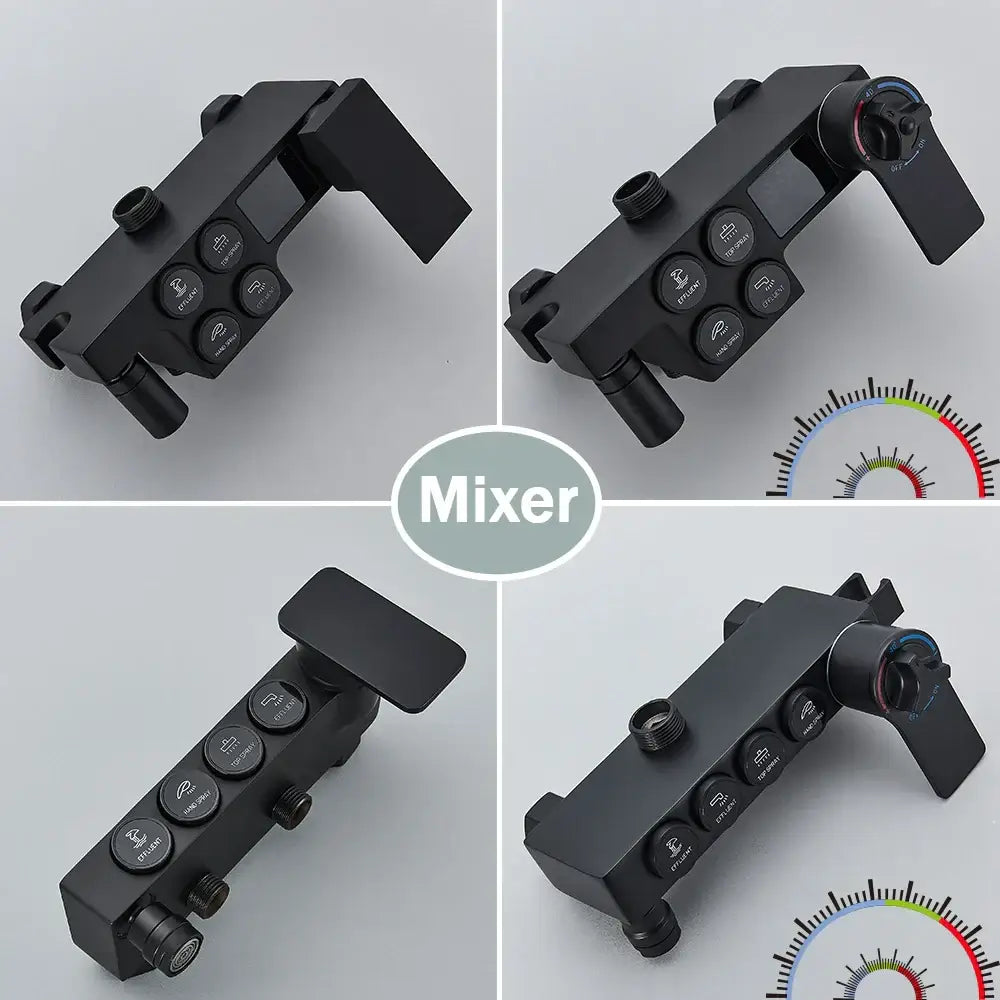 Matte black digital rainfall shower faucet set with black matte-finish mixer and multiple control knobs for precise adjustment