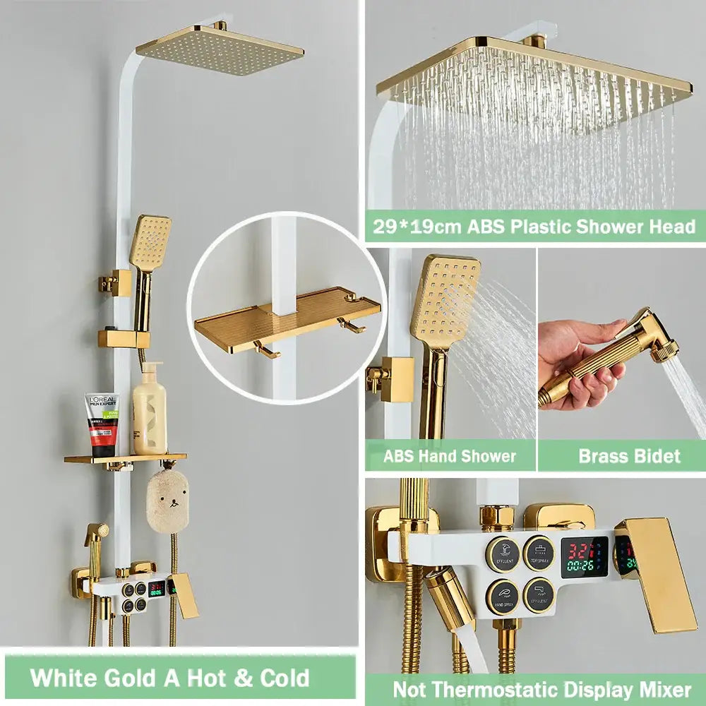 Gold finished shower faucet set with square rainhead handheld sprayer and digital display mixer for bathroom use