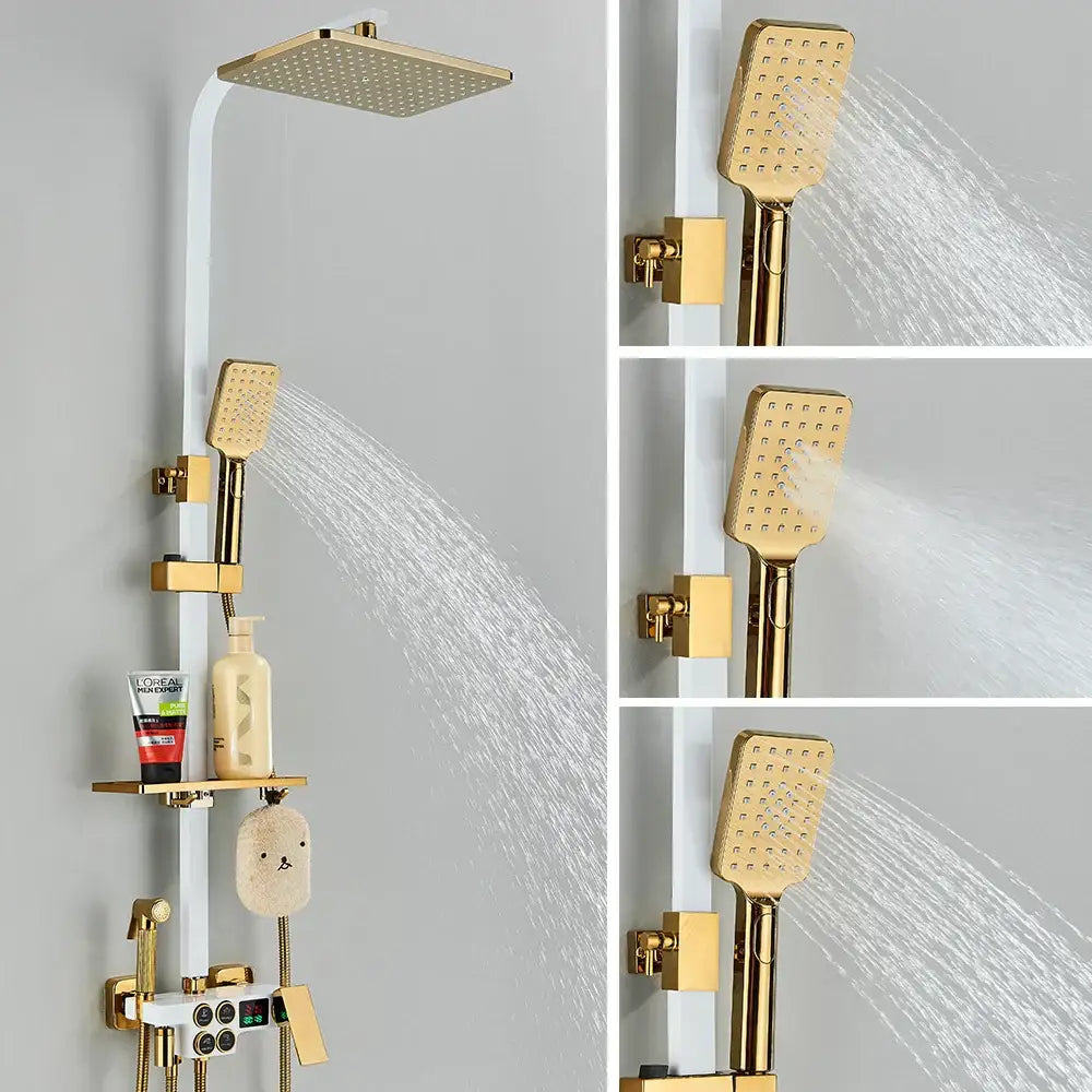 Matte black digital rainfall shower faucet set with gold-finished square rainhead and handheld nozzles on white rail