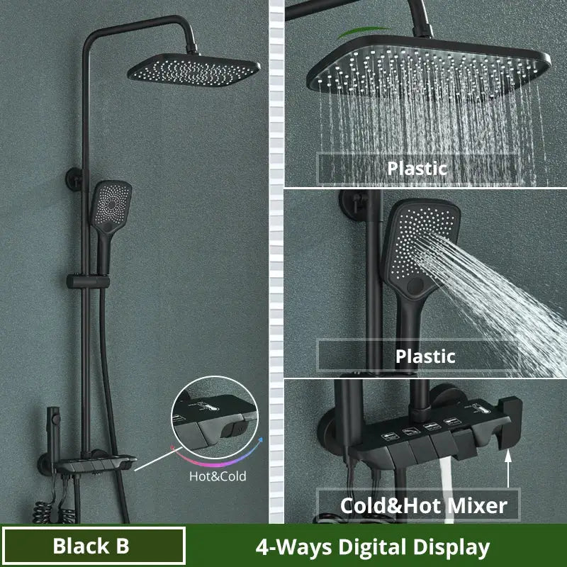 Matte black digital rainfall shower system with rectangular rainhead handheld showerhead and digital display mixer decorbites digital rainfall