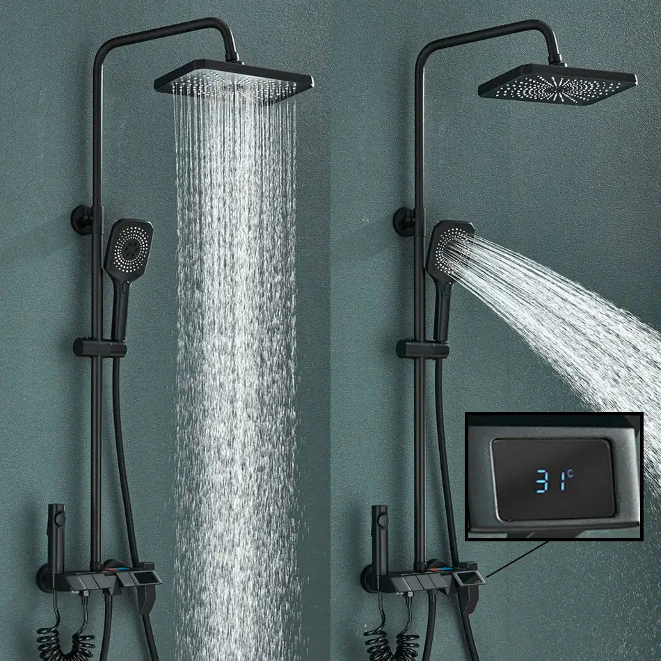 Matte black digital rainfall shower system with square rainhead and temperature display by decorbites digital rainfall