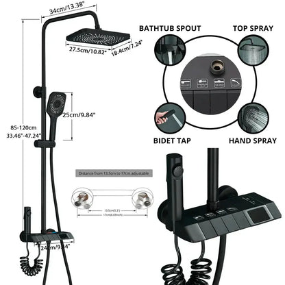 Matte black digital rainfall shower system with rectangular rainhead handheld shower and integrated control panel decorbites digital