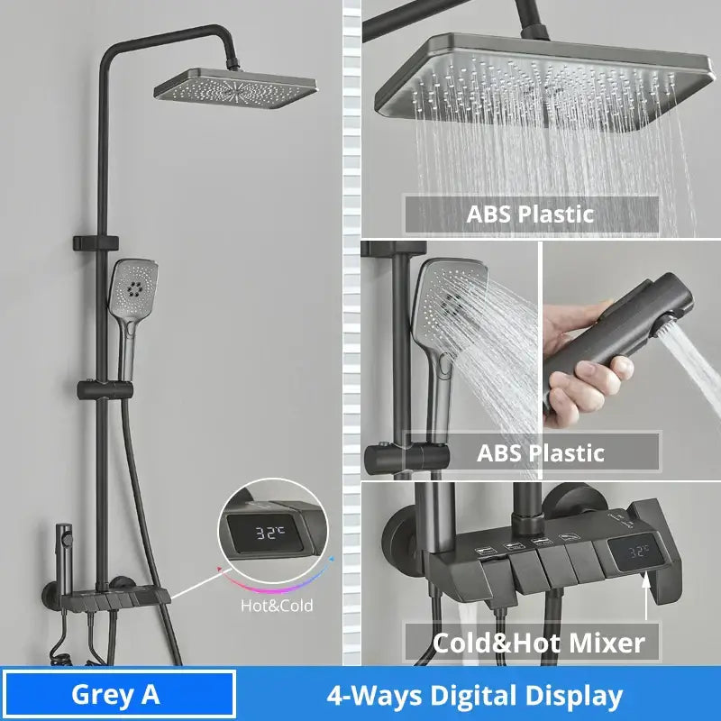 Matte black digital rainfall shower system with square rainhead handheld shower and digital temperature display by decorbites digital rainfall
