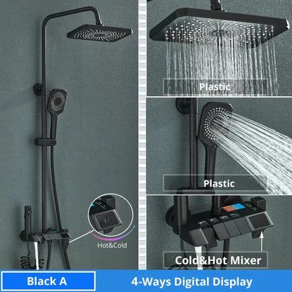 Matte black digital rainfall shower system with square rainhead handheld shower and decorbites digital control panel