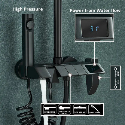 Matte black digital rainfall shower system with decorbites digital display and multiple spray settings bathroom faucet kit